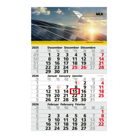 3-Monatskalender Solid 3 Bestseller (Einblatt) Hellgrau-rot | ohne Werbeanbringung