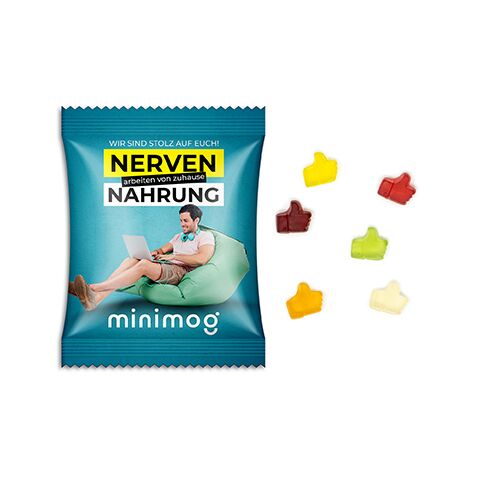Streuartikel Fruchtgummi Standardformen – weiß – mit bedrucktem Etikett 15 g als ideales Werbegeschenk für Kunden und Geschäftspartner
