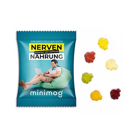 Streuartikel Fruchtgummi Standardformen – weiß – mit individuell bedrucktem Werbetütchen 15 g für den professionellen B2B-Einsatz am Messestand