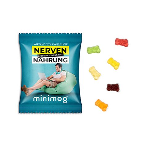 Streuartikel Fruchtgummi Standardformen – weiß – mit bedrucktem Etikett 15 g für die wirkungsvolle Kundenansprache am Messestand oder im Büro