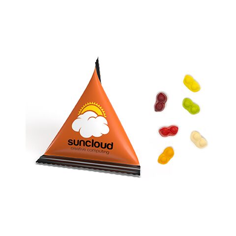 Streuartikel Mini Tetraeder Fruchtgummi – transparent – mit bedrucktem Etikett als perfektes süßes Werbegeschenk für Kunden und Partner