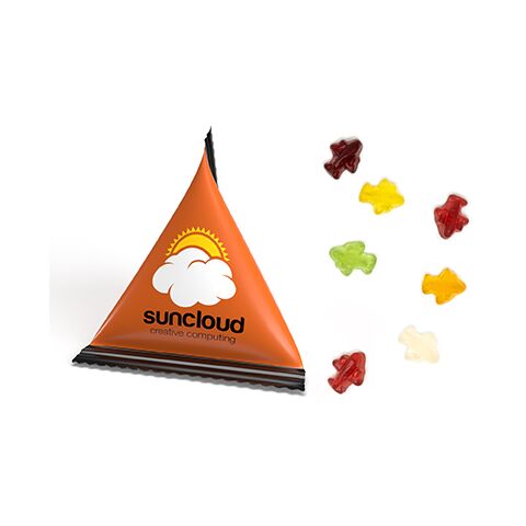 Streuartikel Fruchtgummi Mini Tetraeder – weiß – mit bedrucktem Etikett als ideale Werbemaßnahme für Kunden und Geschäftspartner