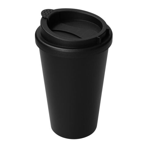 Werbeartikel 350 ml Kaffeebecher PremiumPlus, doppelwandig mit aufsteckbarem Deckel & flexibler Verschluss-Lasche – schwarz – mit Logo bedruckt