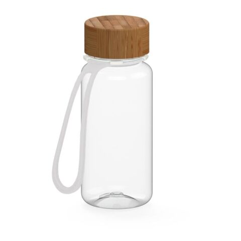 Werbeartikel Tritan Trinkflasche 400 ml Natural Bambusdeckel Silikon-Strap auslaufsicher kohlensäuregeeignet BPA-frei – weiß – mit Logo bedruckt