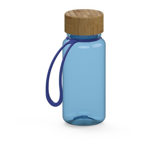 Werbeartikel Tritan Trinkflasche 400 ml Natural Bambusdeckel Silikon-Strap auslaufsicher kohlensäuregeeignet BPA-frei – trend-blau PS – mit Logo
