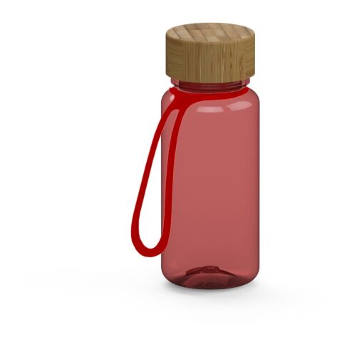 Werbeartikel Tritan Trinkflasche 400 ml Natural Bambusdeckel Silikon-Strap auslaufsicher kohlensäuregeeignet BPA-frei – rot – mit Logo bedruckt