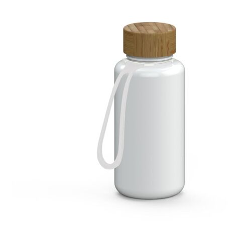 Werbeartikel Trinkflasche Natural 700ml Tritan in Glas-Optik leicht & bruchfest für Kohlensäure Bambusdeckel, inkl. Strap – weiß – mit Logo bedruckt