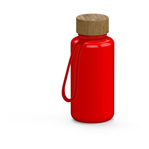 Werbeartikel Trinkflasche Natural 700ml Tritan in Glas-Optik leicht & bruchfest für Kohlensäure Bambusdeckel, inkl. Strap – rot – mit Logo bedruckt
