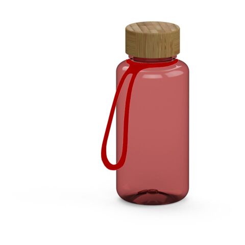 Werbeartikel Trinkflasche Natural 700ml Tritan in Glas-Optik leicht & bruchfest für Kohlensäure Bambusdeckel, inkl. Strap – rot – mit Logo bedruckt