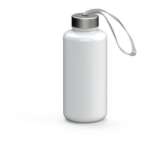 Werbeartikel Pure 1,0 L Trinkflasche kohlensäuregeeignet aus Tritan mit Edelstahldeckel & Schlaufe auslaufsicher – weiß – mit Logo bedruckt