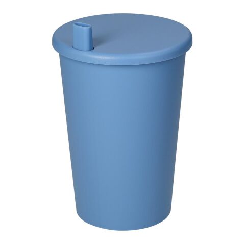 Werbeartikel Splash 370 ml Trinkbecher Made in Germany aus 100% PP inkl. Trinkhalm & Schale für Teebeutel – trend-blau PS – mit Logo bedruckt