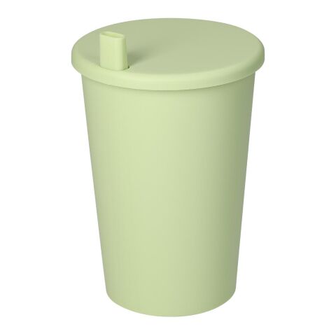 Werbeartikel Splash 370 ml Trinkbecher Made in Germany aus 100% PP inkl. Trinkhalm & Schale für Teebeutel – grasgrün – mit Logo bedruckt