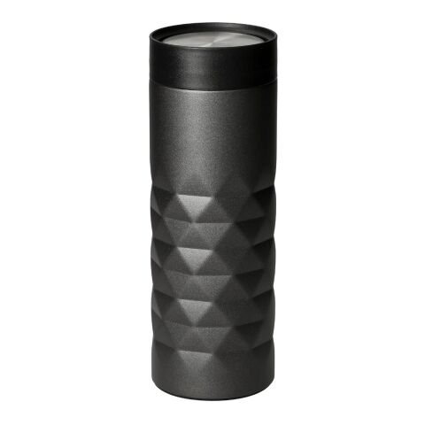 Werbeartikel 440 ml Thermobecher Diamond 360, doppelwandiger Edelstahl mit 360°-Push-Deckel & Diamant-Prägung – weiß/schwarz – mit Logo bedruckt