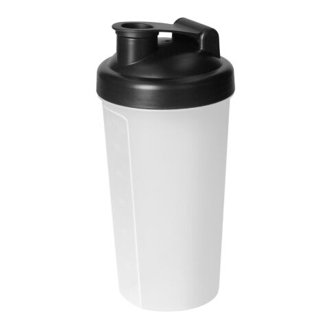 Werbeartikel Protein Shaker 600 ml mit Sieb & Messskala auslaufsicherer Schraubdeckel komplett zerlegbar – schwarz – mit Logo bedruckt