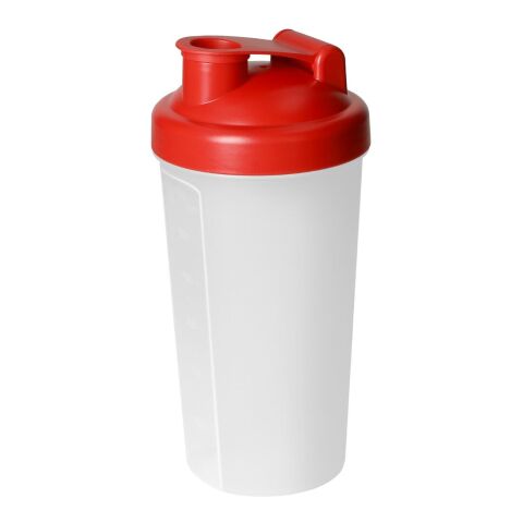 Werbeartikel Protein Shaker 600 ml mit Sieb & Messskala auslaufsicherer Schraubdeckel komplett zerlegbar – rot – mit Logo bedruckt