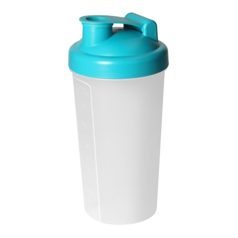 Werbeartikel Protein Shaker 600 ml mit Sieb & Messskala auslaufsicherer Schraubdeckel komplett zerlegbar – teal – mit Logo bedruckt