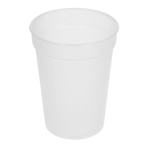 Werbeartikel 300 ml Mehrwegbecher "Pfand" stapelbar & bruchfest aus Kunststoff mit Füllmarkierung – transparent-milchig – mit Logo bedruckt