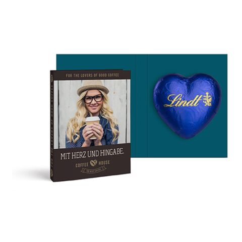 Werbeartikel Werbekarte mit Lindt Schokoladen Herz 20 g | blau | mit Logo bedrucken