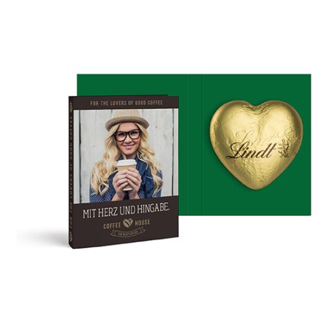 Werbeartikel Werbekarte mit Lindt Schokoladen Herz 20 g | gold | mit Logo bedrucken