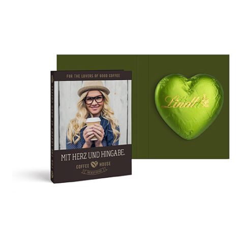 Werbeartikel Werbekarte mit Lindt Schokoladen Herz 20 g | grün | mit Logo bedrucken