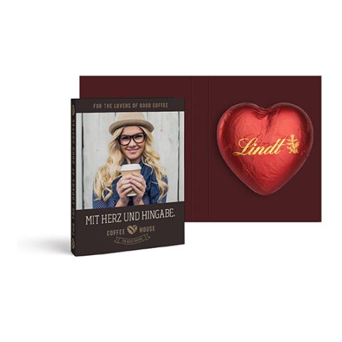 Werbekarte mit Lindt Schokoladen Herz 20 g rot | 4c Digitaldruck