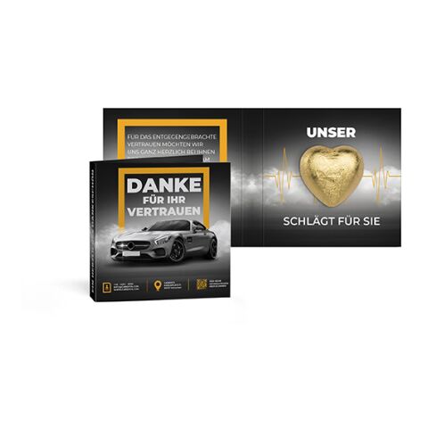 Werbeartikel Werbekarte mit Lindt Schokoladen Herzl 5 g | gold | mit Logo bedrucken