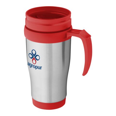 Werbeartikel Sanibel 400 ml Thermobecher doppelwandig mit Edelstahl-Außenwand & praktischer Daumenöffnung – silber-rot – mit Logo bedruckt