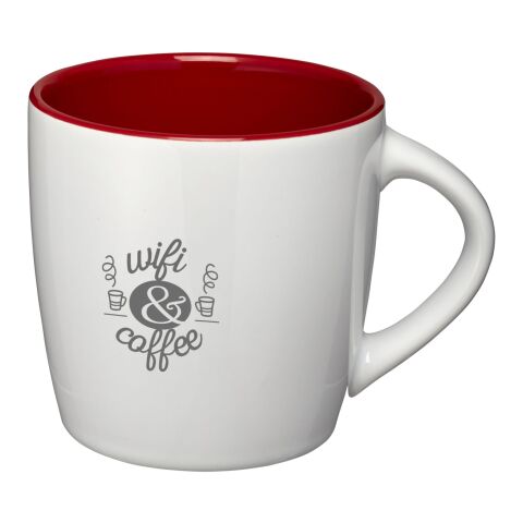 Werbeartikel Keramik Kaffeebecher Aztec – weiss-rot – mit 48h Express-Logodruck 340 ml für die Büroküche