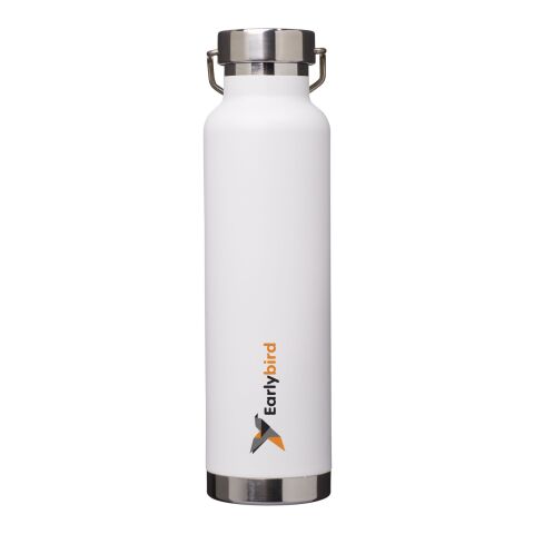 Werbeartikel Thor 650ml Isolierflasche Kupfer-Vakuum 48h kalt/12h heiß pulverbeschichtet auslaufsicher mit Schlaufe – weiß – mit Logo bedruckt