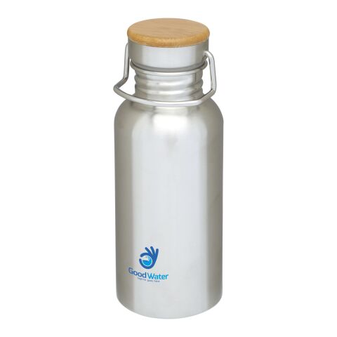 Werbeartikel Thor 550 ml Edelstahl-Sportflasche mit echtem Bambusdeckel & Tragegriff inkl. Geschenkbox – silber – mit Logo bedruckt