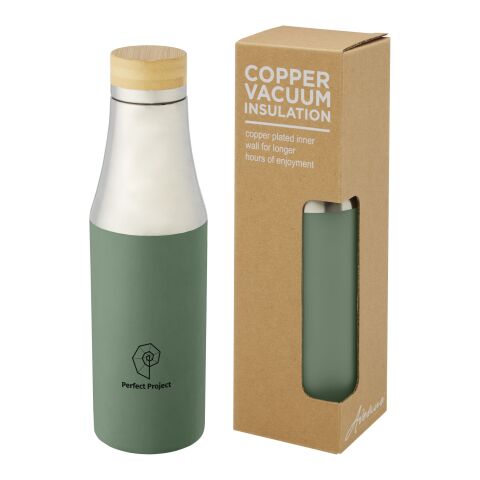 Werbeartikel Hulan 540 ml Edelstahlflasche Kupfer-Vakuum-Isolierung 18/8 Stahl mit Bambusdeckel inkl. Geschenkbox – heather grün – mit Logo bedruckt