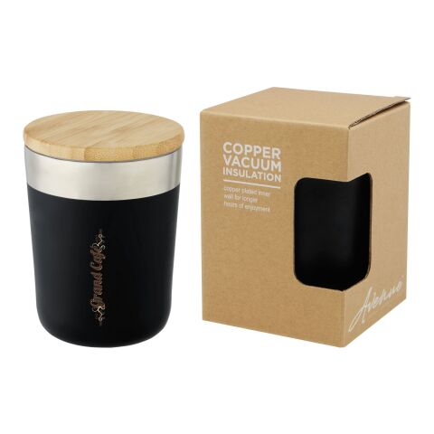 Werbeartikel 300 ml Vakuum-Thermobecher aus Edelstahl mit Bio-Bambusdeckel passend für Kaffeemaschinen – schwarz – mit Logo bedruckt