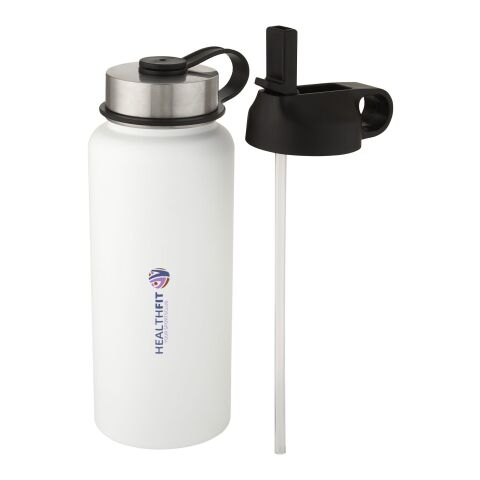 Werbeartikel Supra 1 l Kupfer-Vakuum Isolierflasche Edelstahl 2-in-1 Sportflasche mit 2 Deckeln & Strohhalm – weiss – mit Logo bedruckt