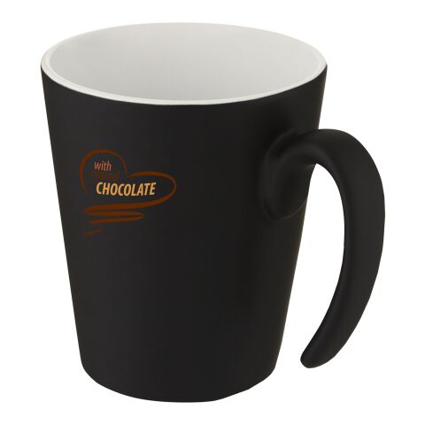 Werbeartikel Oli 360 ml Kaffeebecher aus Keramik matte Optik glänzende Innenseite spülmaschinenfest inkl. Box – weiß-schwarz – mit Logo bedruckt