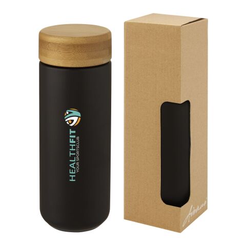 Werbeartikel Lumi 300 ml Coffee-to-go Thermobecher aus doppelwandiger Keramik mit Bambus-Schraubdeckel auslaufsicher – schwarz – mit Logo bedruckt
