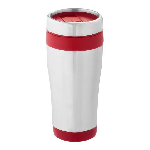 Werbeartikel Elwood 410 ml Coffee-to-go Isolierbecher aus Recycling-Edelstahl doppelwandig mit Schiebe-Deckel – rot – mit Logo bedruckt