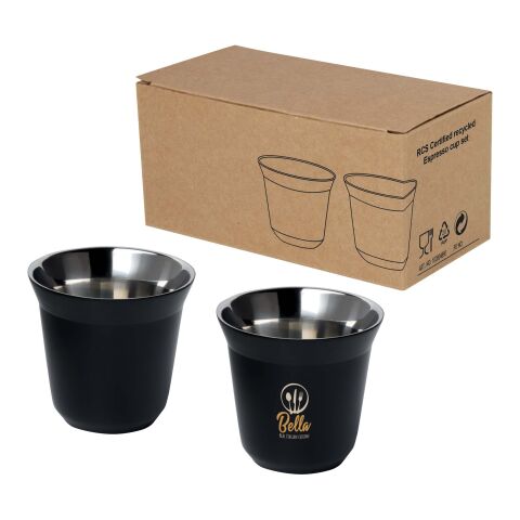 Werbeartikel 80 ml Duo RCS-zertifiziertes Edelstahl-Espressotassen-Set (2-tlg.), doppelwandig inkl. Recycling-Geschenkbox – schwarz – mit Logo