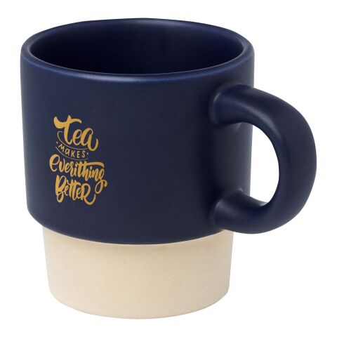 Werbeartikel Olympia 130 ml Espressobecher stapelbar mit Tonboden matte Oberfläche in Geschenkbox aus Recycling-Karton – navy – mit Logo bedruckt