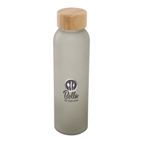 Nachhaltiger Werbeartikel Lume 500 ml Flasche aus mattiertem Kalknatronglas mit Bambusdeckel – grau – mit Logo bedruckt