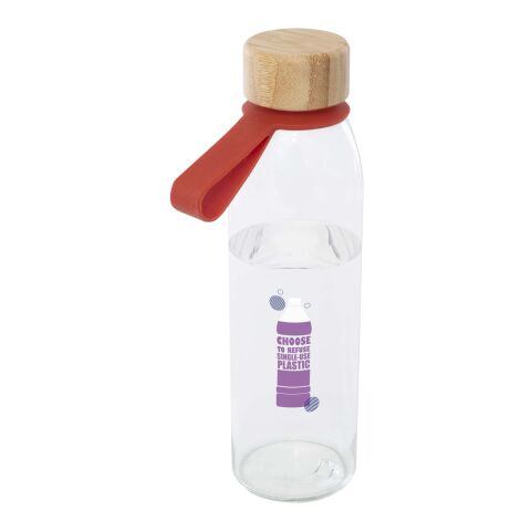 48h Express-Druck Werbeartikel Porto 500 ml Glasflasche mit Silikon-Trageriemen & nachhaltigem Bambusdeckel – brick – mit Logo bedruckt
