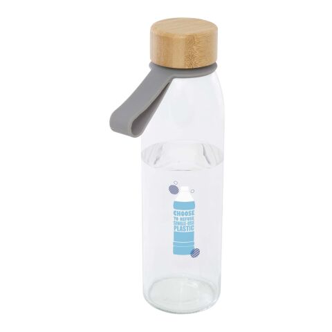 48h Express-Druck Werbeartikel Porto 500 ml Glasflasche mit Silikon-Trageriemen & nachhaltigem Bambusdeckel – grau – mit Logo bedruckt