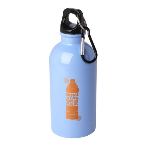 Nachhaltiger Werbeartikel Oregon 400 ml RCS-zertifizierte, einwandige Trinkflasche aus Edelstahl mit Karabinerhaken – Cloud Blue – mit Logo bedruckt