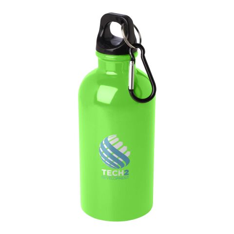 48h Express-Druck Werbeartikel Oregon 400 ml RCS-zertifizierte, einwandige Trinkflasche aus Edelstahl mit Karabinerhaken – apfelgrün – mit Logo