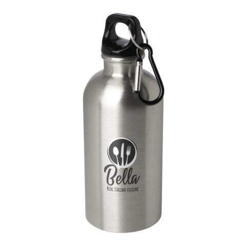 48h Express-Druck Werbeartikel Oregon 400 ml RCS-zertifizierte, einwandige Trinkflasche aus Edelstahl mit Karabinerhaken – silber – mit Logo bedruckt
