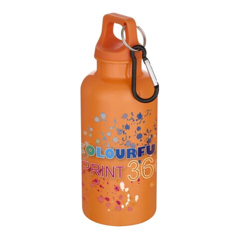48h Express-Druck Werbeartikel Oregon 400 ml einfarbige RS-zertifizierte Trinkflasche aus recyceltem Kunststoff mit Karabinerhaken – orange – mit Logo