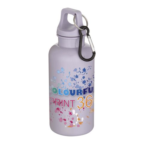 Nachhaltiger Werbeartikel Oregon 400 ml einfarbige RS-zertifizierte Trinkflasche aus recyceltem Kunststoff mit Karabinerhaken – fliederfarben