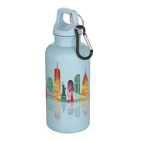 Firmengeschenk Trinkflasche Oregon – cloud blue – 48h Express-Logodruck 400ml aus 100% rPET, EFSA-konform, nachhaltige Mehrwegflasche