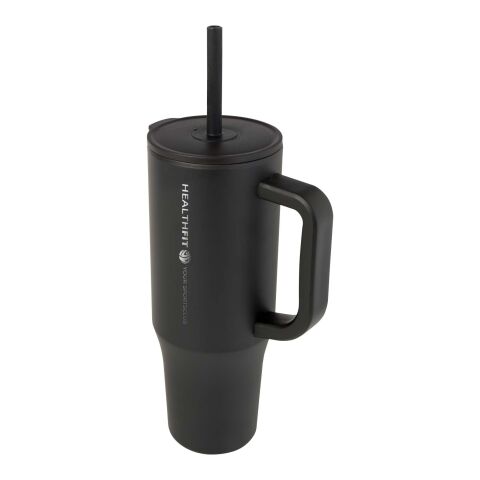 Werbeartikel Brady 900 ml XL-Thermobecher To-Go aus RCS-Edelstahl mit Silikon-Trinkhalm & spritzwassergeschützt – schwarz – mit Logo bedruckt