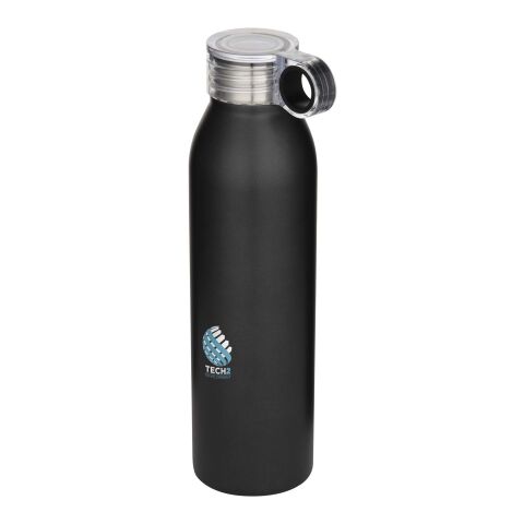 Werbeartikel Trinkflasche Grom 650 ml recycelter Edelstahl RCS einwandig Schraubdeckel auslaufsicher Trageriemen – schwarz – mit Logo bedruckt