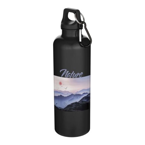 Werbeartikel Oregon 750 ml einfarbige RS-zertifizierte Wasserflasche aus recyceltem Kunststoff mit Karabinerhaken – schwarz – mit Logo bedruckt